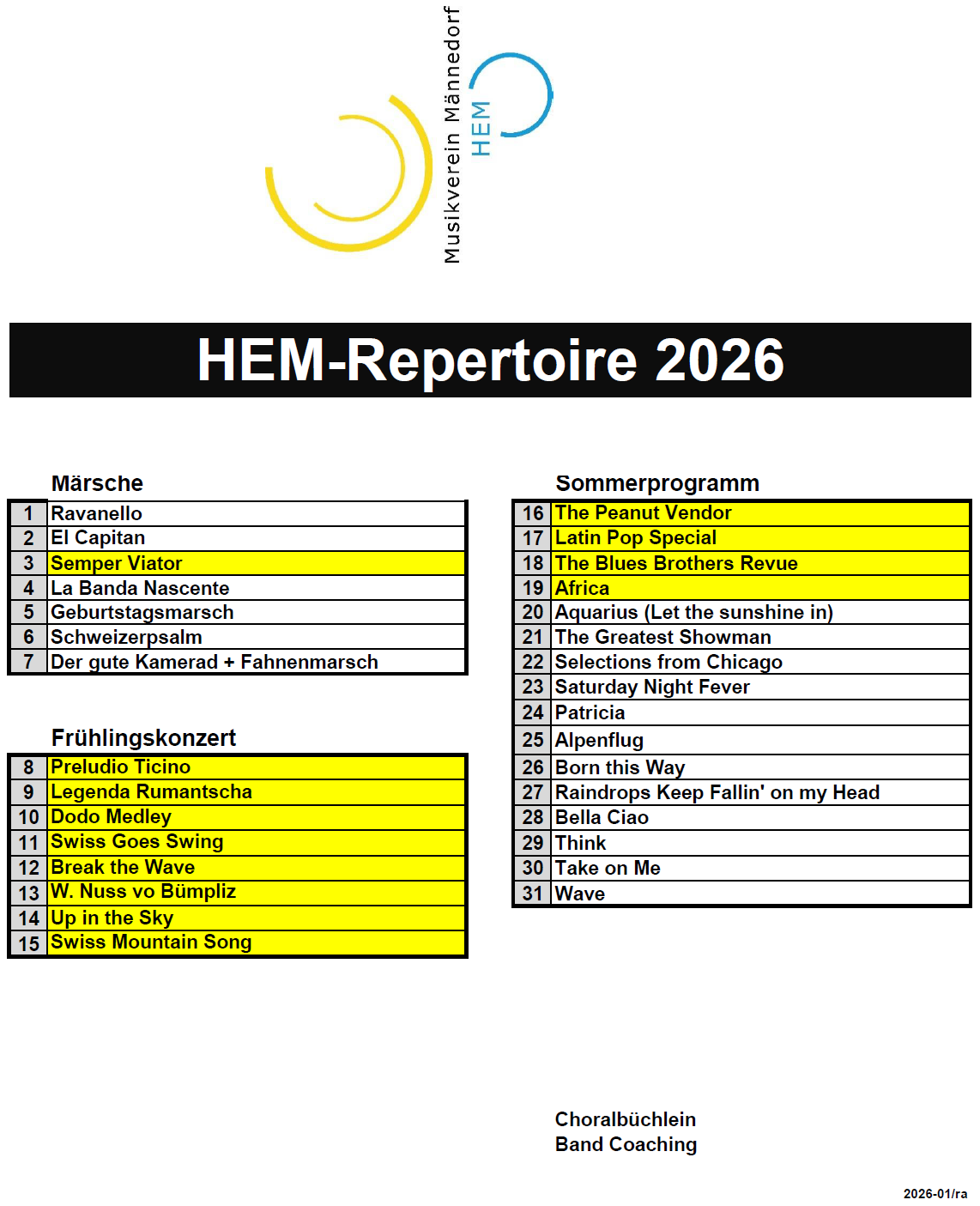 Unser Repertoire / aktuell gespielte Stücke HEM-Repertoire 2025